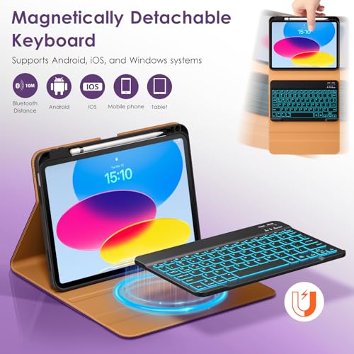Image of DTTO for iPad 11th (A16) / 10th Generation Case with Keyboard (2025 /2022), 7 Colors Backlit Wireless Detachable Keyboard Leather Folio Cover with Pencil Holder & Pocket, Deep Purple
