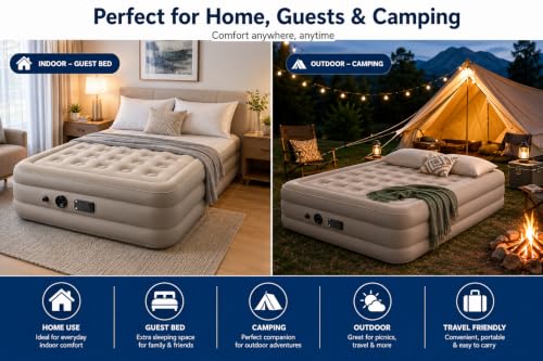 Image of Inflatable Air Bed Single Size, Portable Blow Up Mattress for Home, Guest, Camping & Travel, Waterproof Flocked Surface, Raised Air Mattress