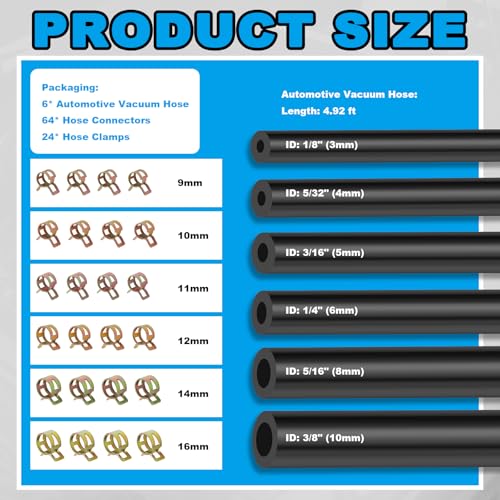 Image of 6PCS 5Ft Silicone Vacuum Hose Automotive Kit,ID 3 /8 inch,5 /16 inch,1 /4 inch,3 /16 inch,5 /32 inch,1 /8 inch Vacuum Lines Automotive with Tee /Straight /Reducer Connector & Clamps,Professional Vacuums Line Kit (94PCS)