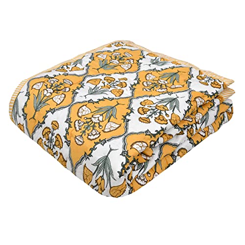Image of BLOCKS OF INDIA Cotton Single Size Quilt Hand Block Print for Light Winters (60x90 Inches) (Yellow Flower)| TC - 300