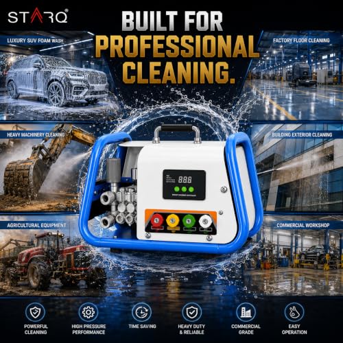 Image of STARQ STPMDC 3.6 Commercial High Pressure Washer 2700W 3.6HP PMDC Motor 230 Bar 15 LPM Digital Display 15m Steel Braided Hose with QRC 4 Nozzles for Car Bike Home Truck