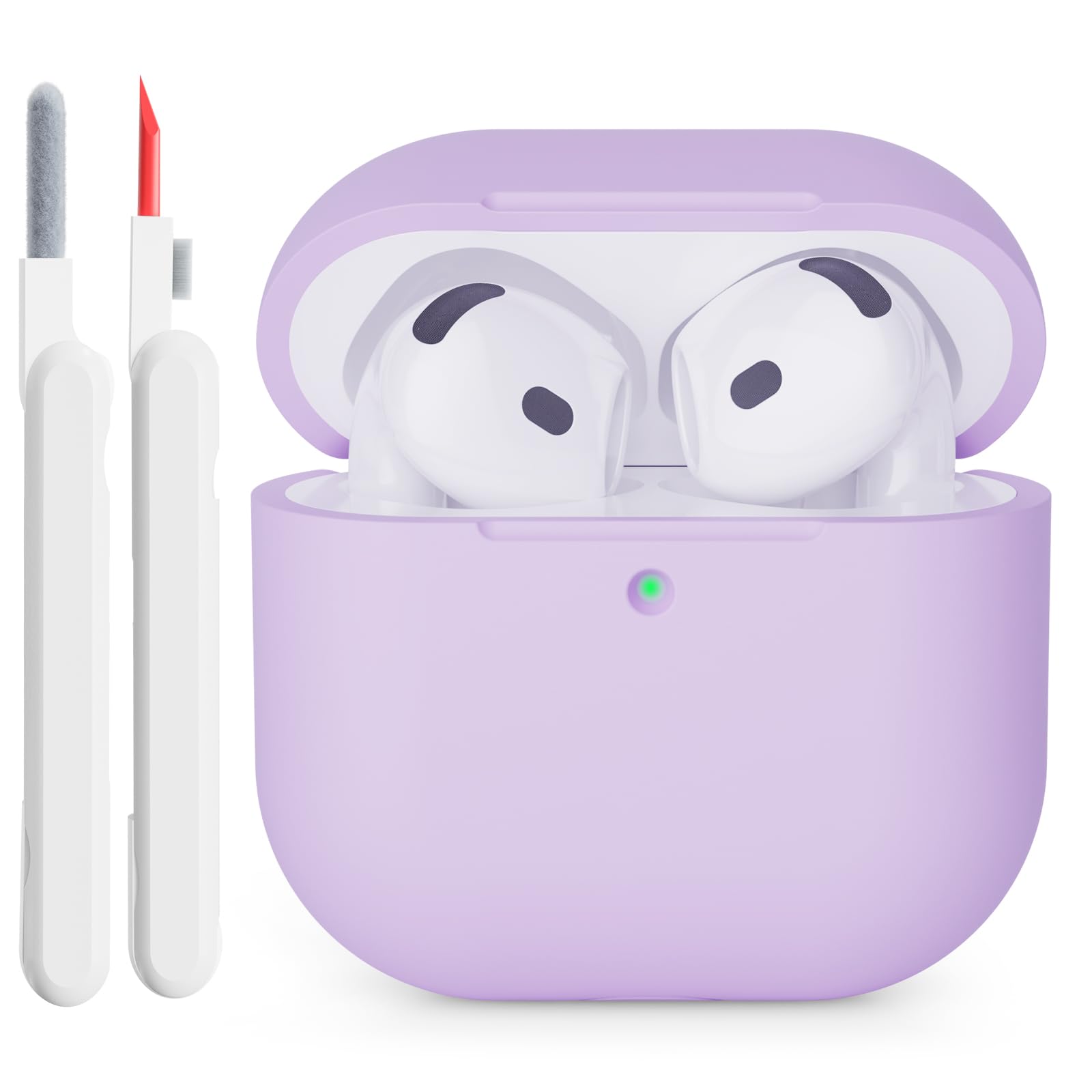 Coque Étui Protecteur Compatible avec AirPods 4 2024, LED Avant Peut être Visible, Housse en Silicone Anti-Choc Etui de Protection pour Airpods 4ᵉ Génération avec Kit de Nettoyage, Lavande