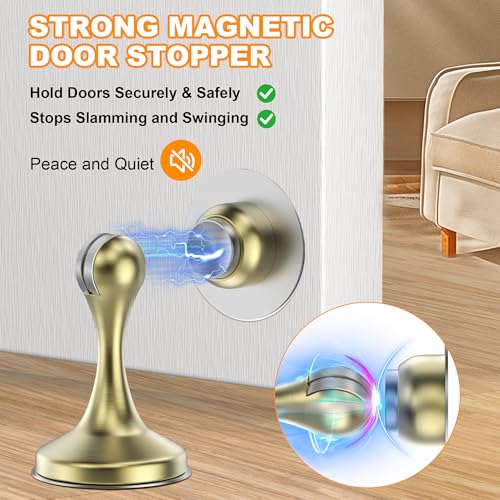 Image of Crosize Magnetic Door Stoppers 4 Pack, Stainless Steel Door Stops for Wall and Floor Mounting, Gate Stops, No Drilling Metal Doorstops with Adhesive Tapes, Gold