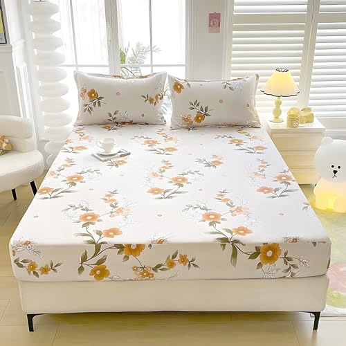 Sabana Bajera 135x190 Rama con Flores Sabanas Bajeras Estampadas Flor Amarilla Sábana Bajera Ajustable Suaves, Elastico Funda Colchon con 2 Funda Almohada 50x80 cm, para Colchón de 30cm de Altura