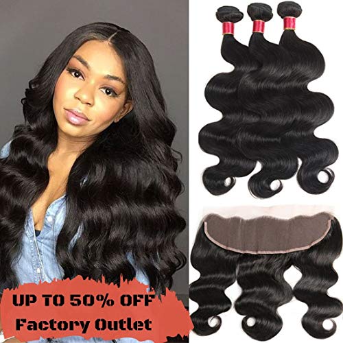Brazilian Virgin Hair Body Wave Frontal with Bundles (14 16 18 + 12 Frontal) Human Hair Bundle Deals with Frontal Closure Unprocessed Remy Hair with Closure Natural Color Double Weft Natural Color