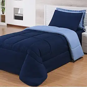 Edredom Solteiro Para Cama Box Dupla Face Com Fronhas 3 Peças (Marinho/Azul Bebe)