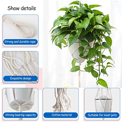 WD&CD 4 stuks macramé plantenhangers met 4 hangende haken, indoor outdoor plantenpot katoenen touwhanger handgemaakte hangende plantenmand katoenen touwhouder (40 inch beige) - Afbeelding 3