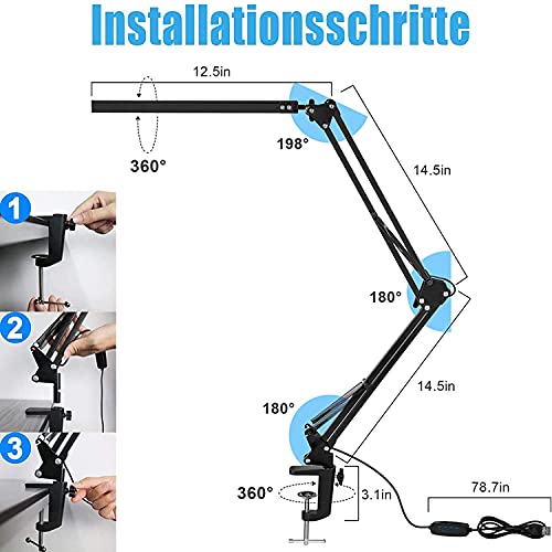 Liraip LED Schreibtischlampe, 14W Architektenlampe,Verstellbarem Arm Faltbar,5V/2A USB-Kabel,Stufenloses Dimmen… – Bild 6