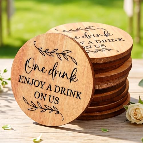 Image of Marsui 100 Pcs Wooden Drink Tokens Bulk for Wedding Personalised Drink Tickets Poker Chips for Guest Wedding Favours Beverage Birthday Parties Bar Table Decoration Supplies (Botanical Leaf Pattern)