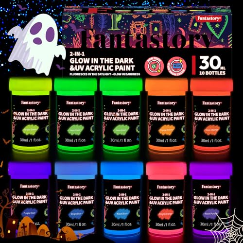 Fantastory 10x30ml pintura fluorescente en la oscuridad, pintura acrilica luminiscente, pintura que brilla en la oscuridad, para rocas, madera, artesanía, lienzo, adultos (Serie Vibrante)