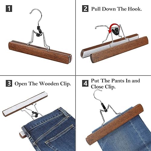Wooden Skirt Hangers with Non-Slip Clips - Solid Wood Trouser & Jeans Hangers, Durable Slack Clamp for Clothes Organization and Closet Storage (E)