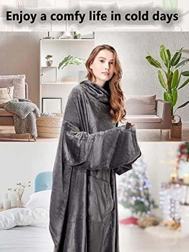 Wearable Blanket, Blanket Hoodie Soft Warm Snuggle Blanket with Sleeve and Pocket, Lightweight Cozy Fleece Blanket for Girlfriend, Ladies(Grey 170*200CM)