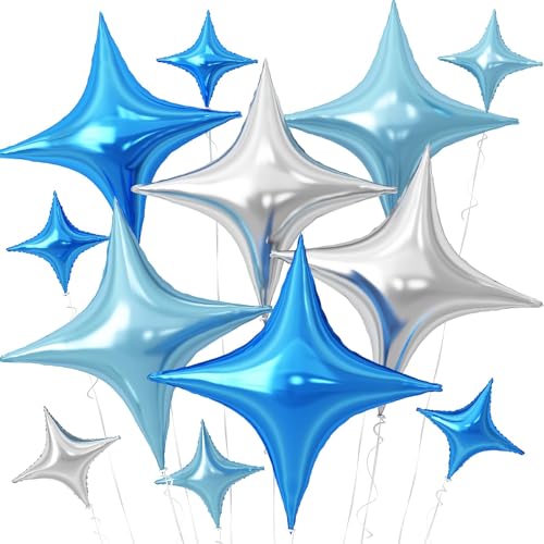 Image of Blue Silver Star Balloons,12Pcs Four Angle Star Foil Balloons | 26Inch and 10Inch Blue Silver Quadrangle Star Helium Balloon for Birthday Baby Shower Wedding Party Decorations
