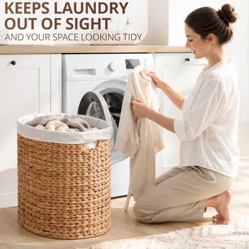 Image of Woven Laundry Basket - Large Wicker Hamper for Clothes Storage - Round Rattan Laundry Hamper - Water Hyacinth Storage Basket (Natural Brown, 17.7 x 15 x 21.7 in)