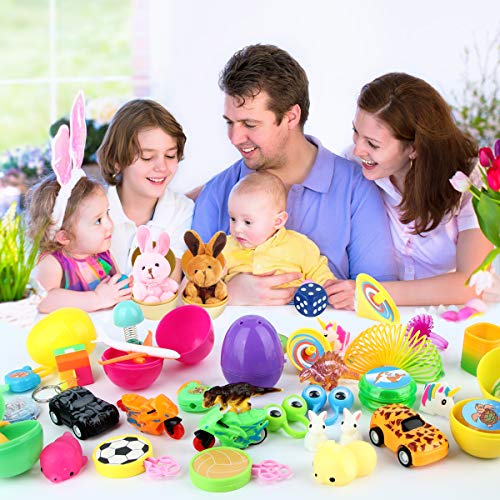 Sizonjoy 50 Toys Filled Easter Eggs, Different Kinds of Popular Prefilled Toys, Bright Colorful Prefilled Plastic Easter Eggs, Prizes,Kids Party Favors
