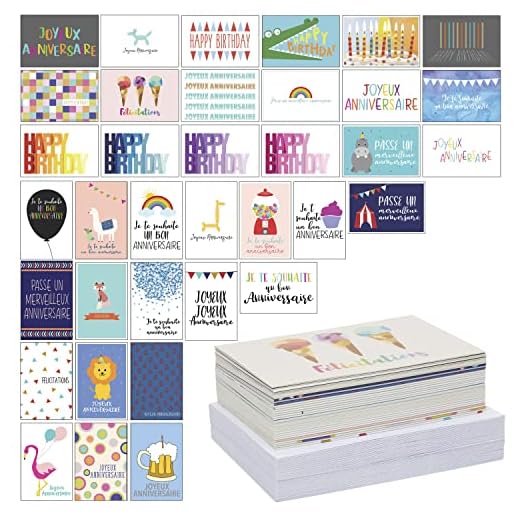 Paquete de 36 tarjetas de felicitación de cumpleaños con sobres para niños, 36 diseños ilustrados, feliz cumpleaños, 10 x 15 cm