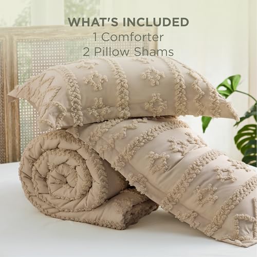 Image of Bedsure Tufted Boho Comforter Set Oversized Queen - Light Brown Boho Bed Set, GentleSoft 3 Pieces Farmhouse-Style Embroidery Bedding, Gifts for Woman, Soft Jacquard Kids' Comforter for All Seasons