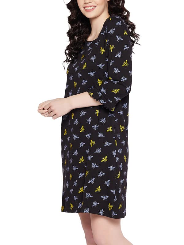 Image of Clovia Women's Cotton Dragonfly Print Short Night Dress with Pocket in Black