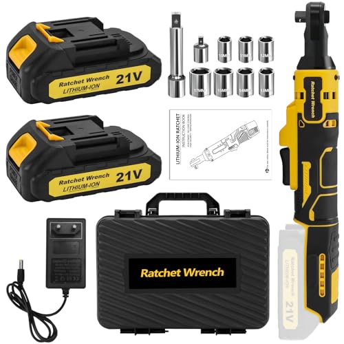 Yofuly Clé à Cliquet Sans Fil 3/8, Clé à Cliquet Electrique 21V avec 2 * 2000mAh Batteries, 45Nm 320RPM Cliquet Sans Fil à Vitesse Variable avec 7 Douilles, Adaptateur 1/4, Barre d'extension 3