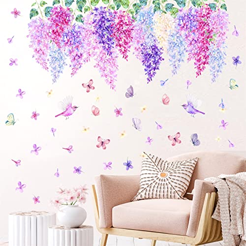 Hanging Flower Wall Decals Watercolor Flower Vine Stickers Peel and Stick Removable Purple Pink Floral Wall Stickers for Girls Bedroom Nursery Living Room Decor