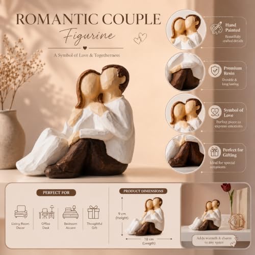 Image of Beautiful Hand Painted Small Size Resin Sitting Romantic Couple Statue for Home Decor (Pack of 1, White & Brown Color)