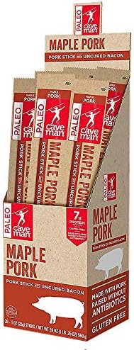 Caveman Foods Keto & Paleo Meat Sticks, Gluten Free, Low Carb Maple Pork with Uncured Bacon Snack Stick, 1 Ounce, 20 count