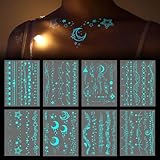 Fssqii Blue Luminous Temporary Tattoos Glow in the Dark Music Festival Moon Tattoos Waterproof Planet Star Fake Tattoo Sticker for Women Men Face Body Arm Party Cute Skin Tattoo Decorations