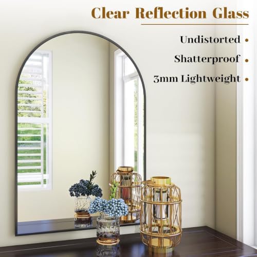 Image of VooBang Arched Wall Mirror, 24 x 36 inch Arch Bathroom Mirror, Wall Mounted Vanity Mirror with Arch Metal Frame, Modern Bathroom Vanity Mirror for Bedroom, Living Room, Hanging or Leaning, Black