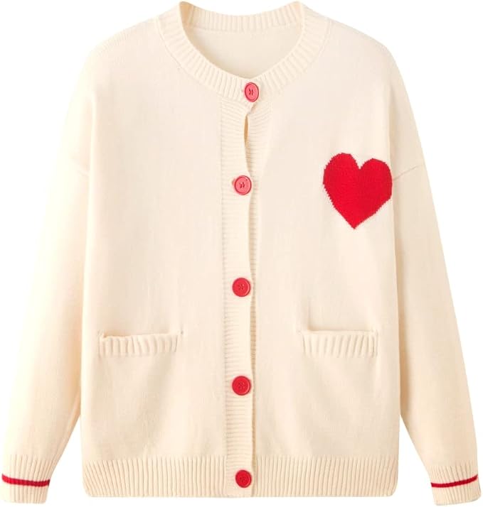 FindThy Women's Cute Cardigan Sweater Kawaii Love Heart Print Y2K Button Knitted Outerwear(0335-01BeigePocket-OneSize-LB)