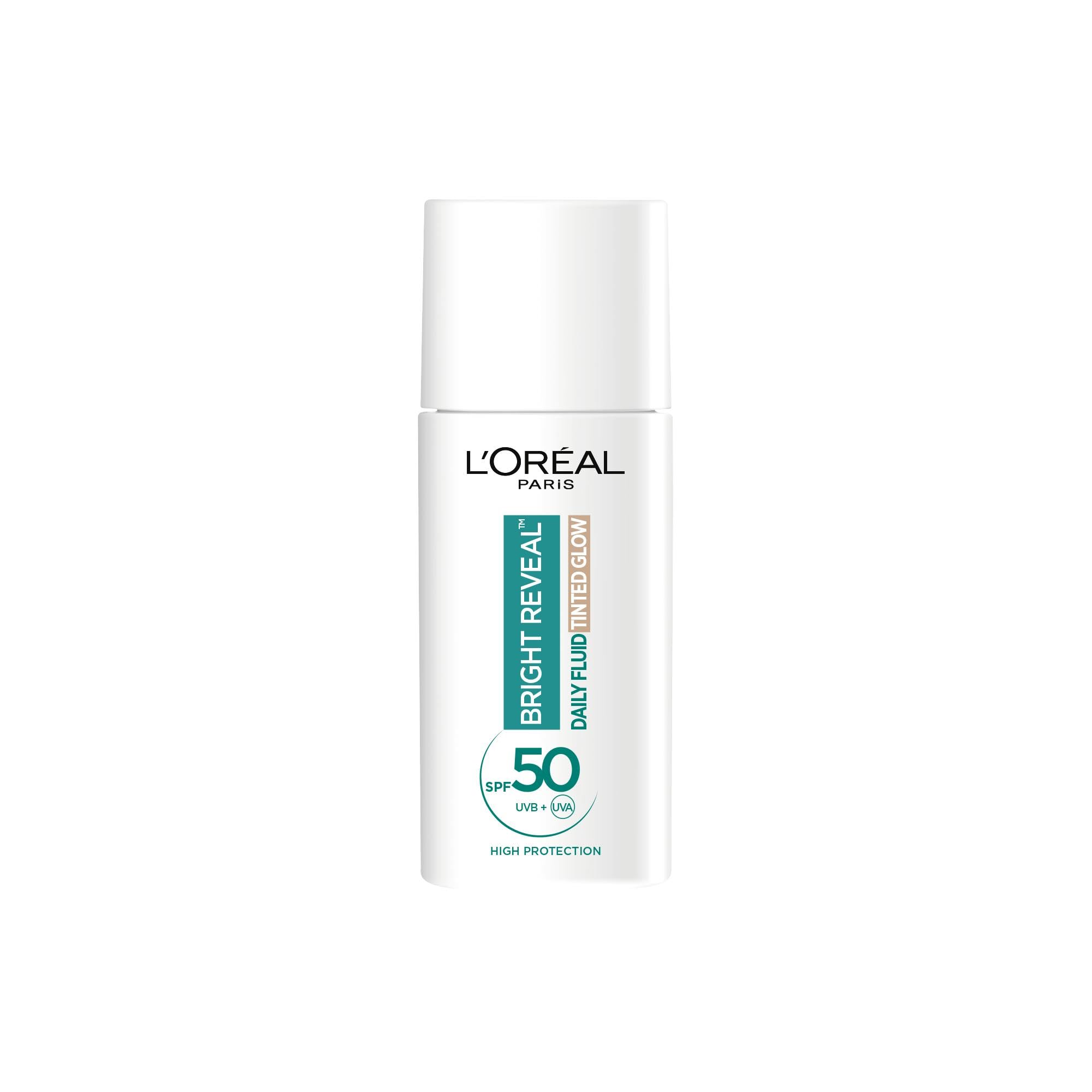 L’Oréal Paris Bright Reveal UV Fluid Tinted Glow, Pearl, SPF 50+ for Face 3% Niacinamide and UVB + UVA Protection, Protects