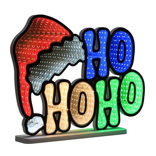 MEETYAMOR Christmas Decorations Indoor, Santa Hat with HOHOHO Infinity Mirror Tunnel Light for Christmas Decor, Night Lights with Endless Extension for Home Mantel Table Centerpiece Lamp Xmas