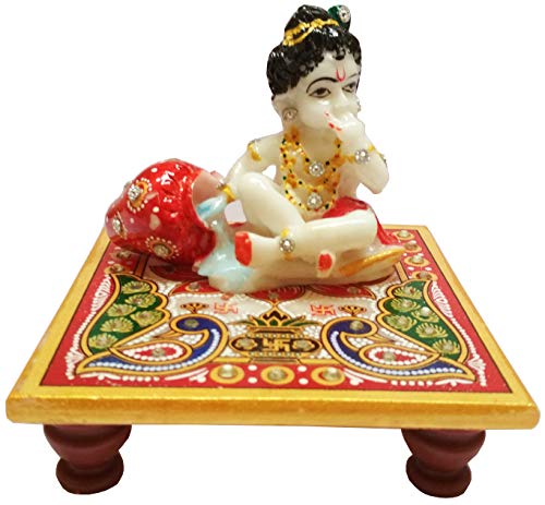 Purpledip Marble Statue Lord Krishna: Painted Makahan Chor Idol on Chowki (11566), Multicolor, Standard