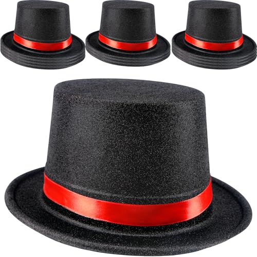SGBETTER 12 Pack Kids Plastic Top Hats Black Top Hat with Red Band Glitter Magician Party Hat High Top Hat for Child Halloween Cosplay (Color Style 2 (PVC Glitter))