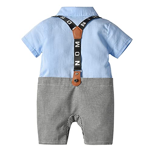 Image of Hopscotch Baby Boys Cotton and Spandex Half Sleeves Applique Bow Solid Romper in Blue Color