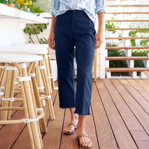 Cropped Linen Pants Women Straight Leg Pull On Work Pants Business Casual High Waisted Dress Pants Office Ankle Pants2