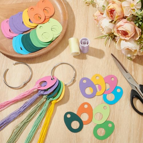 Image of BENECREAT 80Pcs 8 Colors Paper Thread Drops, 1.97x1.4Inch Teardrop Floss Bobbin Drops Cross Stitch Thread Organization with Iron Floss Ring for Craft DIY Sewing Storage
