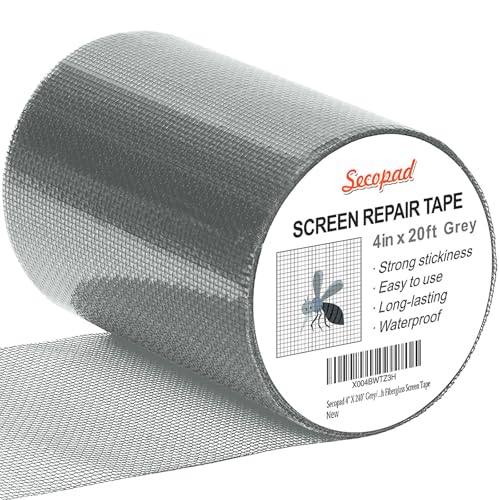 Secopad Grey Window Screen Repair Tape, 4IN X 20FT (240IN) Screen Repair Kit for Windows or Doors...