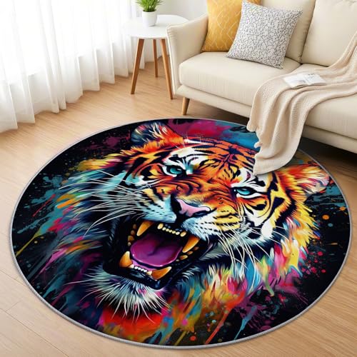 AevuCub Tiger Teppich Rund 160 Kurzflor - Waschbare Teppiche Wohnzimmer Bunte Graffiti Tiere - Runder Teppich 160 Durchmesser Kinderzimmer - Bettvorleger Schlafzimmer rutschfest Weich
