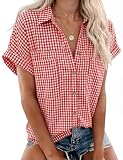 Rapbin Bluse Damen Kurzarm Baumwolle Hemdbluse V Ausschnitt Sommer Lässiges Tunika Locker Blusenshirt Elegant Oberteile mit Knopfleiste und Tasche Rot Kariert L