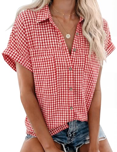 Image of Rapbin Womens Blouses Cotton Short Sleeve V Neck Collared Button Down Shirts with Pockets Ladies Summer Casual Tops for Work Holiday(Red Plaid,L)