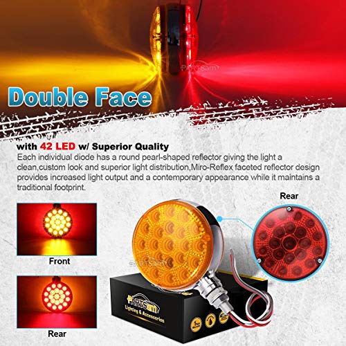 Partsam Round Red/Amber Double Face Led Pedestal Lights With Reflectors 42 Led Waterproof Truck Trailer Suv Rv Fender Mount Led Stop Turn Tail And Parking Light, Chrome Die Cast Housing 12V #TOP4