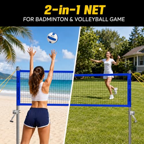 Image of A11N SPORTS Outdoor Volleyball and Badminton Combo Set - Includes Adjustable Height Anti-Sag Net, Volleyball, Air Pump, 4 Badminton Rackets, 2 Shuttlecocks, Boundary Line Marker, and Carrying Bag