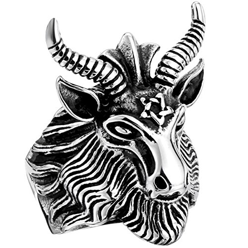 MENSO Jewelry Men's Stainless Steel Vintage David Ram Worship Baphomet Goat Head Biker Skull Ring 11