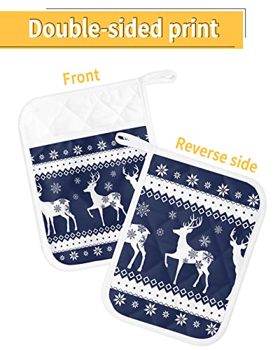 Winter Christmas Snowflake Reindeer Pot Holders With Pocket For Kitchen, Heat-Resistant Potholders Set Of 2, Hot Pads Oven Mitts With Hanging Loops For Home Cooking Baking Microwave, Navy Blue #TOP1