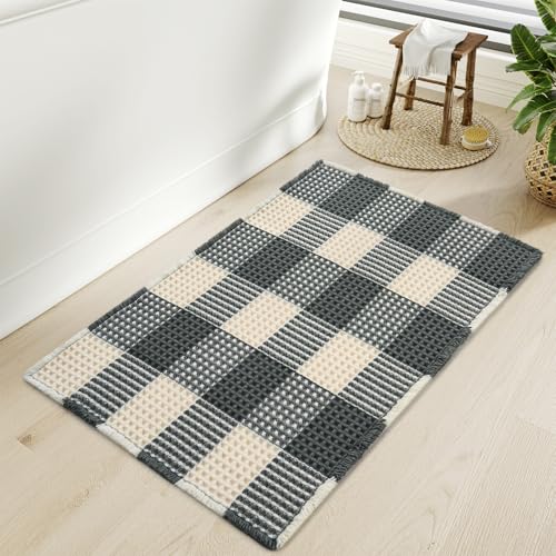 AMOAMI Upgraded Waffle Bath Mat, Super Absorbent Non Slip Bath Mats for Bathroom Floor, Machine Washable Bathroom Rugs with Tassels, Rubber Backed Bathroom Mats, Ultra Soft, 17" x 24", Black