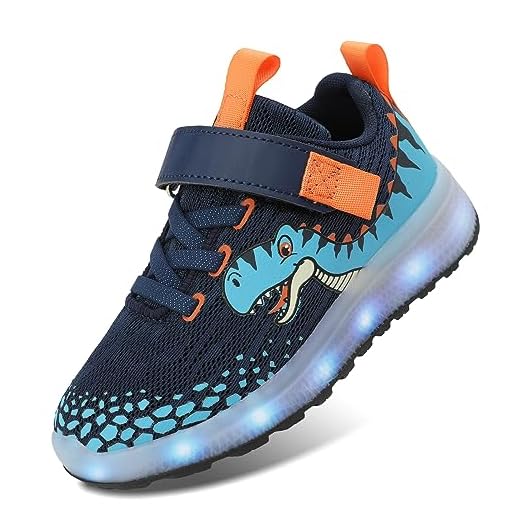 SKASO Light Up Shoes for Boys Toddler Shoes Comfortable Non Slip Dinosaur Sneakers with Hook and Loop Led Shoes Rechargeable Blue Toddler Size 7