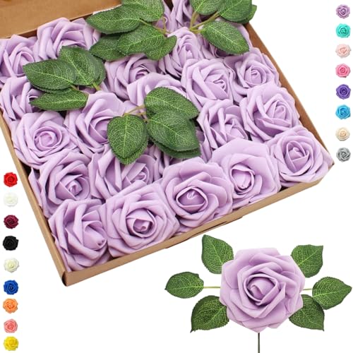 COSORO 25 Piezas Rosas Artificiales Morado Claro,Flores Artificiales Decoracion Cumpleaños Bodas Fiestas Jardín Hogar,Rosas Falsas de Espuma con Tallo Regalos para Manualidades San Valentín Mujeres