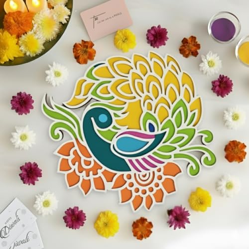 Image of CraftVatika 13 Inch Rangoli Stencils for Main Door Entrance, Peacock Design Portable Reusable Rangoli Stencils for Diwali Decoration Items, Festive Decor, Home Decoration Items, Wooden Ananta Rangoli