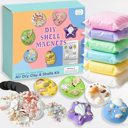 Lywex DIY Clay Magnet Kit, Air Dry Clay for Kids, Ultra Light & Soft, Safe & Non-Toxic, Fridge Magnets Making Kit with Shells, Pearls, Art Craft Gifts for Boys Girls