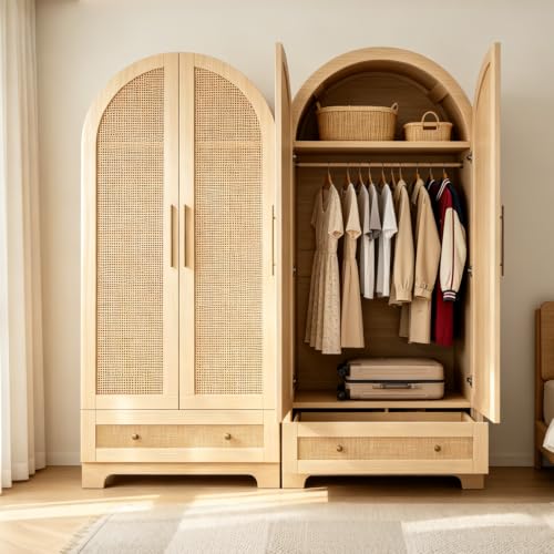 luckdect Armoire en Rotin à 2 Portes avec Tiroir,Garde-Robe et Étagères,Dressing Rangement Placard,Style Bohème Bois,Casier Semi-Circulaire